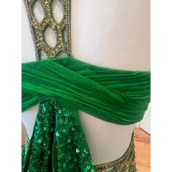 SCALA 100% SILK TOP SEQUINED BEADED NECK FLOOR LENGTH GREEN GOWN WOMENS SIZE 5 - Picture 14 of 15